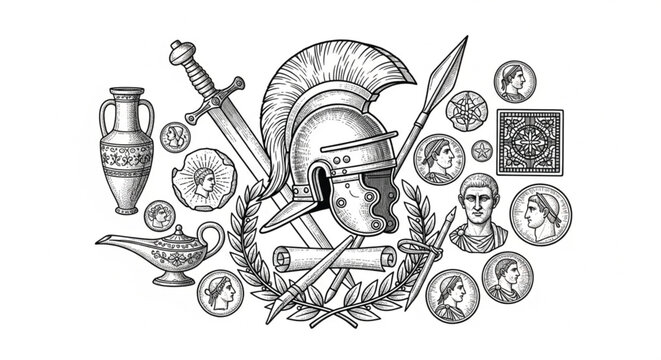 Ancient Roman Gladiator Helmet Illustration.
