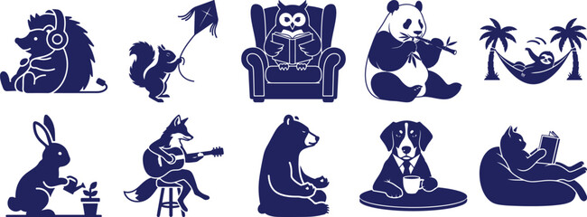 Obraz premium Whimsical animal characters engaging in various hobbies and relaxing activities, from reading and meditating to playing music and flying a kite.