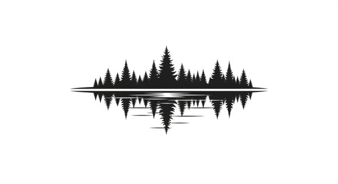 Black silhouette of pine trees reflected.