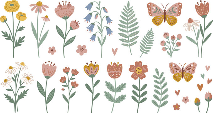 Cute Boho Spring Wildflowers and Butterflies Set with Daisy Echinacea Bluebell Fern and Heart Elements Vector Collection