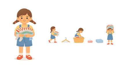 Obraz premium Cute little girl doing laundry and holding clothes in pixel art style