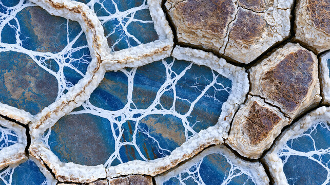 Aerial geometric patterns across a dry salt lake playa, desiccation polygon networks forming perfect tesselated crust, halite crystal efflorescence along polygon edges, Landsat-style overhead docume
