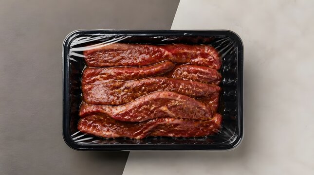 Marinated meat tray, raw beef strips in plastic packaging for supermarket grocery retail. Red protein, steak and butcher product with film wrap, container and kitchen ingredient for cooking meal