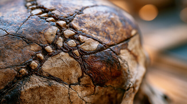 Anatomical dry skull specimen lateral suture detail under museum display case illumination, cranial bone fusion line topology and temporal squamous suture interlocking topology forming precise fossi
