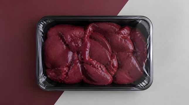 Raw beef liver, fresh meat in plastic tray with wrap for grocery store, supermarket and food market sale. Nutritional organ meat, offal and protein in container for cooking, keto diet and kitchen