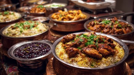 Obraz premium Delightful Muslim Wedding Feast Featuring Traditional Chicken Biryani and Flavorful Dishes in Richly Decorated Serving Platters