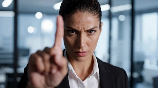 Serious businesswoman showing stop gesture with finger in office
