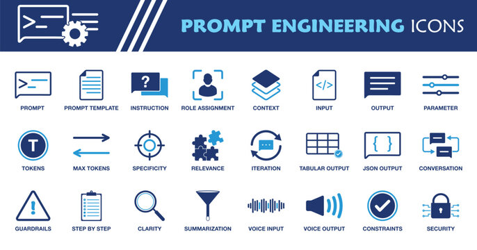 Prompt Engineering Icon Set. Collection of Context, Role Assignment, JSON Output, Tokens, Guardrails, Constrains, Large Language Model and More Icons. Editable Flat Vector Illustration.