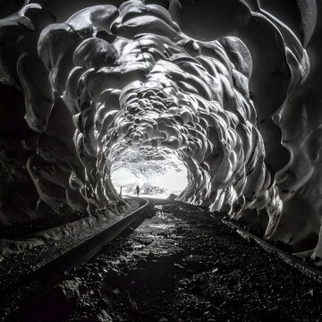 A dark, icy tunnel with a railroad track running through it, leading to a bright, snowy exit