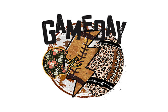  Game day football design with leopard print, lightning bolt and floral heart splash Sublimation Design