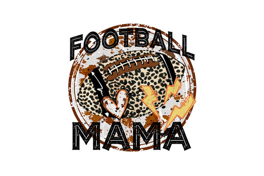 Football Mama with leopard print football and double lightning bolts Sublimation Design