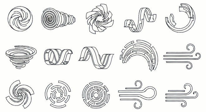 Collection of abstract swirling vortex and wind line art icons.
