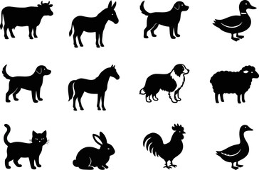 Obraz premium Black silhouettes of various farm and domestic animals