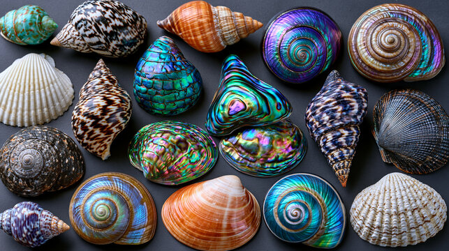 Flat lay collection of gastropod and bivalve shells arranged in systematic grid reveals extraordinary chromatic variety across species, nacre iridescence contrasting with matte calcium carbonate sur