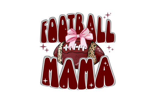  Football Mama retro groovy text with a football and cute pink bow Sublimation Design
 