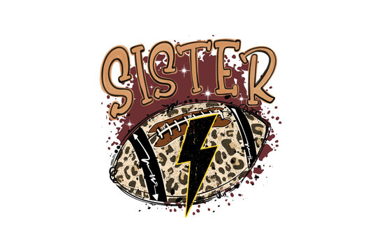 Sister football with leopard print, lightning bolt, and retro typography Sublimation Design