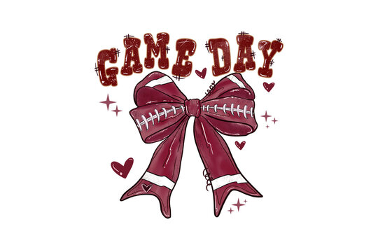  Game Day with a large maroon football bow and cute hearts Sublimation Design