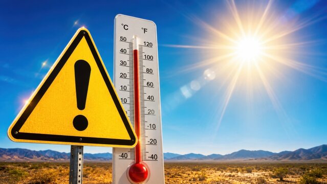 Extreme heat warning with high temperature thermometer under blazing summer sun. Heatwave alert, dangerous hot weather, climate change and extreme temperature concept