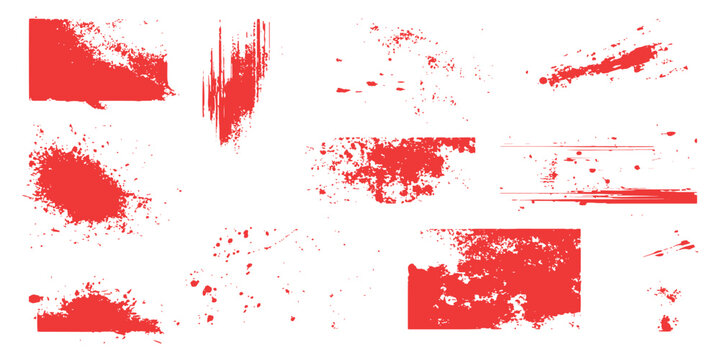 Collection of rough red grunge splatters, ink drops, and distressed blood stains texture vector illustration.