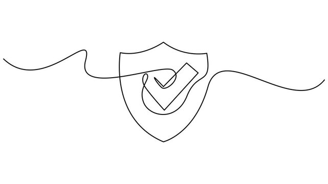 Shield badge continuous one line drawing animation videos, Animation of a single line drawing of a tick mark. 4k animation