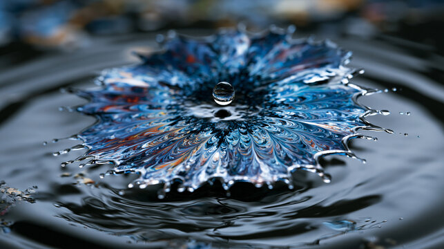 Macro aerial view captures single ink droplet mid-expansion through still water surface, fractal dispersion pattern radiating outward in circular formation, fluid dynamics study with crystalline cla