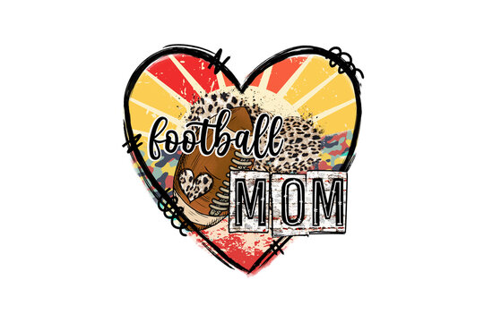 Football Mom in a retro heart frame with leopard print details Sublimation Design