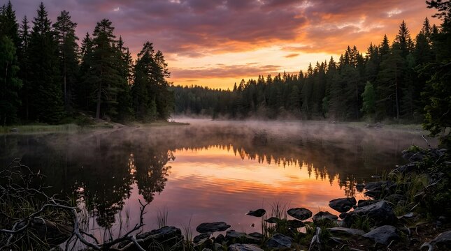 Beautifully captured sunrises and sunsets are some of the best-selling nature images. Epic mountain valley at sunset, glowing orange sky, dramatic clouds, mist rising over a calm lake