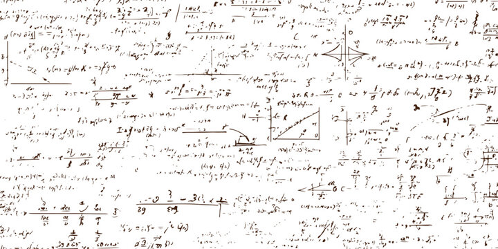 Seamless handwritten mathematical formulas, physics equations, and science notes on a distressed background vector illustration.
