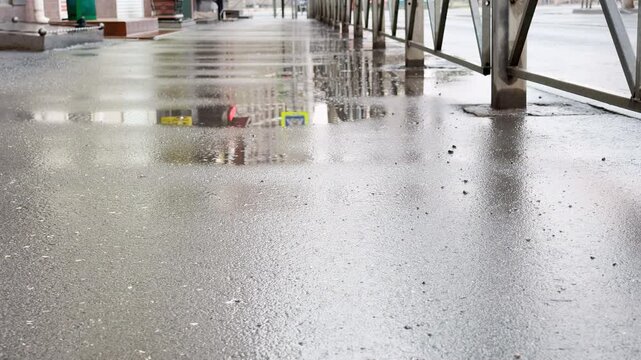 Fresh rainwater shimmers across a wide asphalt pedestrian walkway. The glossy surface and distant ripples evoke a crisp, refreshing, and calming mood in the city following a brief shower.