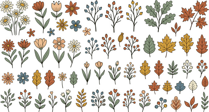Autumn Floral and Botanical Elements Set with Colorful Flowers Leaves and Branches in Retro Folk Style Vector