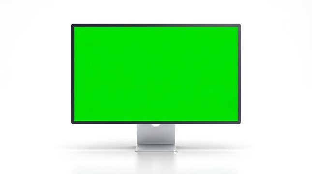 Desktop computer screen mockup with a green screen chroma key for virtual backgrounds, product placement, or visual effects