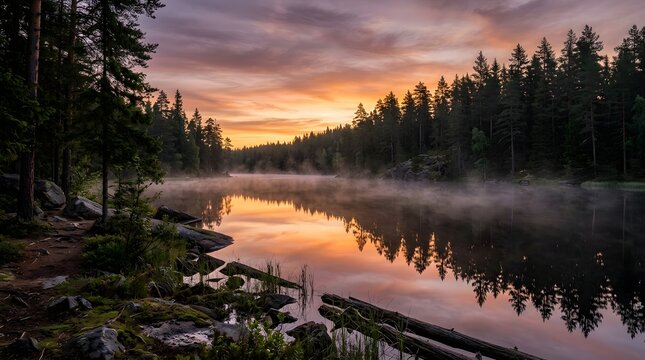Beautifully captured sunrises and sunsets are some of the best-selling nature images. Epic mountain valley at sunset, glowing orange sky, dramatic clouds, mist rising over a calm lake