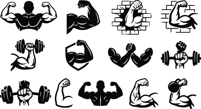 Bodybuilding gym and fitness bicep muscle vector icon set with dumbbell bodybuilder arm wrestling kettlebell powerlifting silhouettes