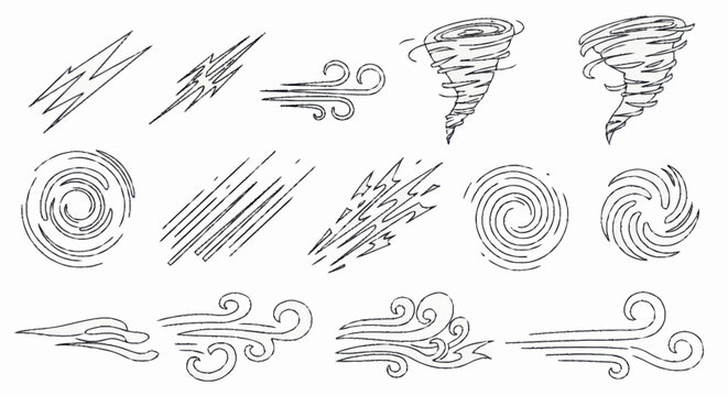 Collection of Hand Drawn Weather Icons Representing Wind and Storms.