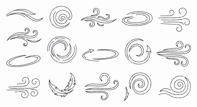 Collection of Hand Drawn Wind Swirls and Gusts Icons.