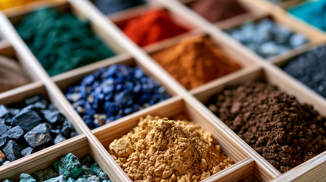 Raw mineral pigment collection displayed in open wooden trays reveals geological color archive including cinnabar, lapis lazuli, malachite, and raw sienna in ground powder form, natural earth pigmen