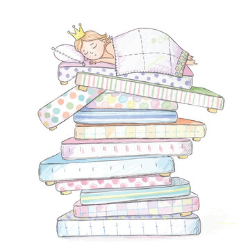 Cute princess sleeping on a high stack of many mattresses.
