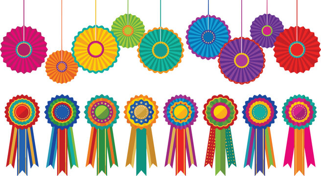 Colorful Festive Paper Fan Rosettes and Award Ribbon Badges Set for Party Decoration Celebration Vector Collection
