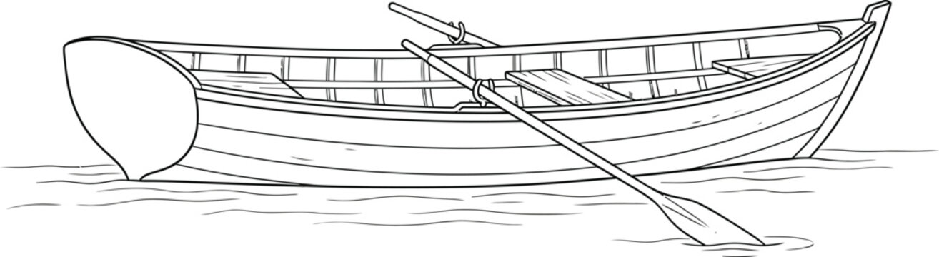 Rowboat with Oars Floating on Water During Daytime Simple Outline