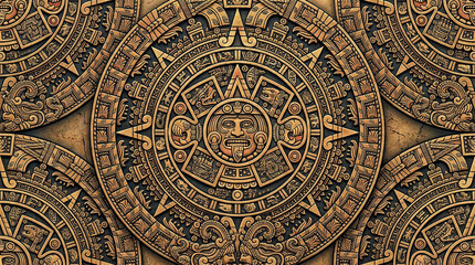 Obraz premium Ancient aztec mayan calendar seamless pattern featuring rich golden tones and intricate tribal carvings.