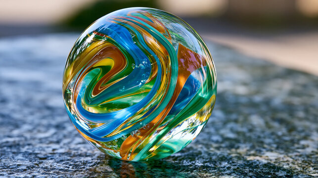 Solid glass marble interior swirl pattern magnified under backlit illumination, silicate ribbons suspended in molten-formed sphere, inclusions and bubble trails frozen in borosilicate glass body, ha