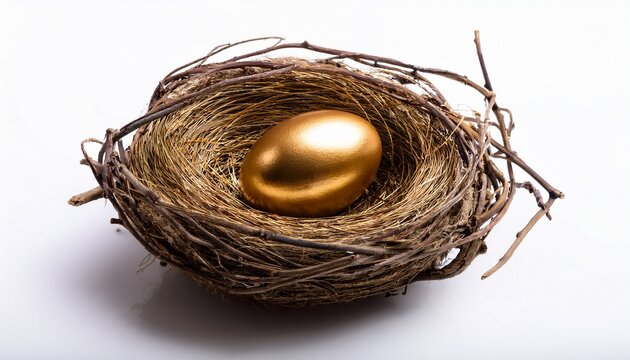 a single golden egg rests safely inside a natural bird s nest isolated on white background