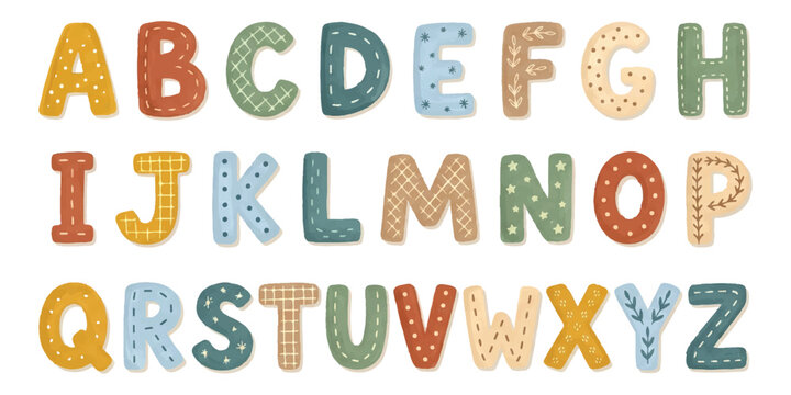 Colorful alphabet letters with decorative sewing stitches and patterns isolated on white background