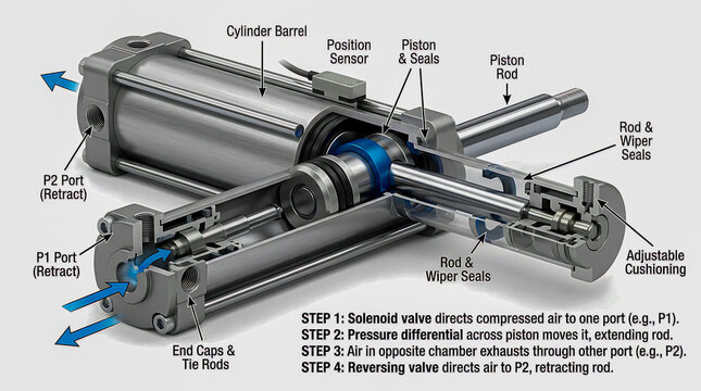 How a Pneumatic Framing Nailer Works - Cutaway 3D Infographic of Piston Driver Valve and Safety Contact Mechanism