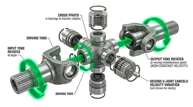 How a Universal Joint Works - Cutaway 3D Infographic of Trunnion Needle Bearings and Angular Misalignment Compensation