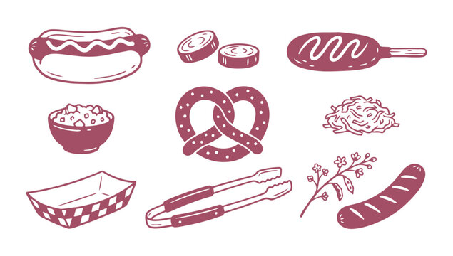 Delicious food icons including hot dog, sausage, pretzel, and barbecue elements illustration