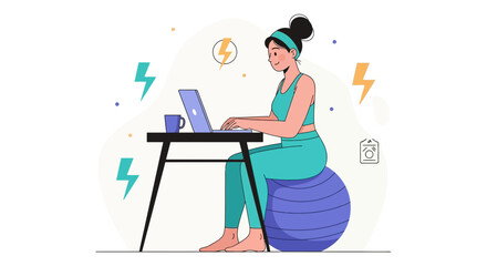 Fototapeta premium Active Woman Working on Laptop While Sitting on Stability Ball, Promoting Healthy Remote Work and Fitness Balance