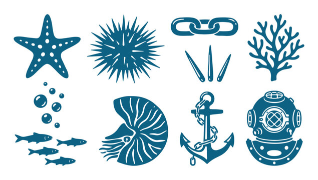 Underwater ocean sea icons set with starfish, fish, anchor, coral, and scuba diving helmet
