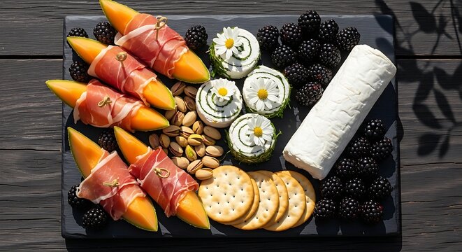 vibrant, fruit-paired charcuterie board layout on a dark reclaimed barn-wood table, Prosciutto-wrapped melon and Fresh Goat Cheese logs, Sweet cantaloupe wedges wrapped in salty prosciutto, ch�vre goa