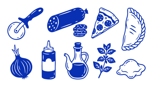 Hand drawn blue pizza and cooking ingredients doodle set with sausage and accessories